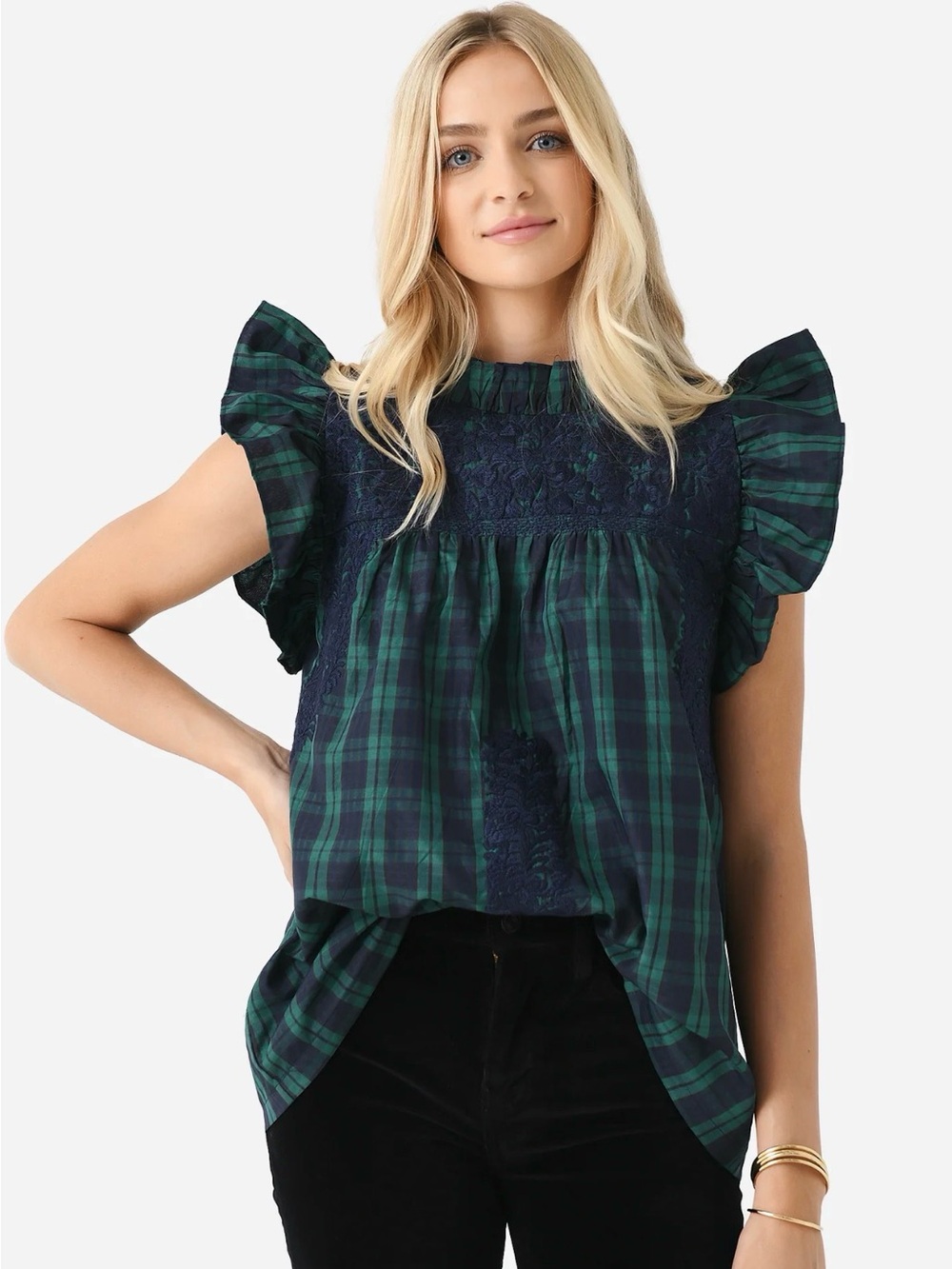 j. Marie Plaid Ruffle Sleeve Paid Top